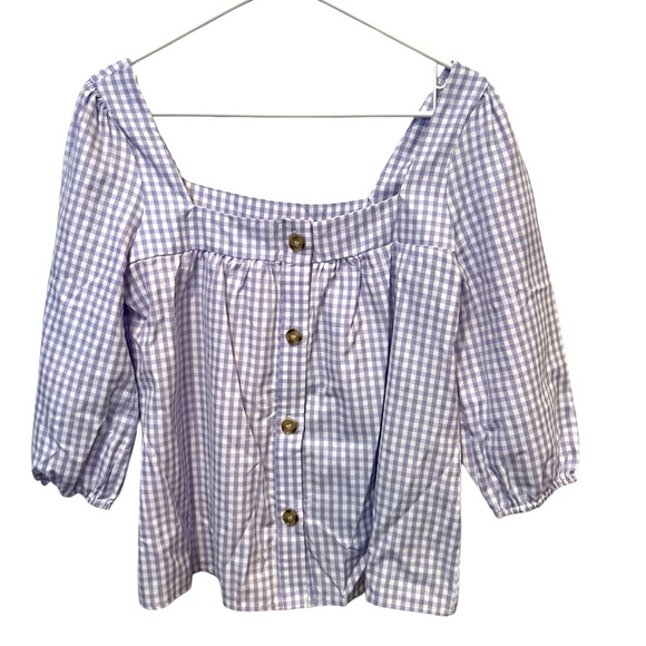 Cyrus Tops - Gingham Lavender and White Blouse with Puff Sleeves cottagecore coastal cowgirl